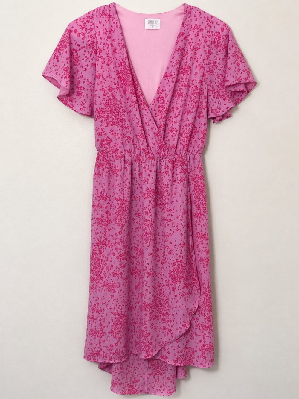 Sienna Sky Pink Floral Faux Wrap High-Low Midi Dress Small